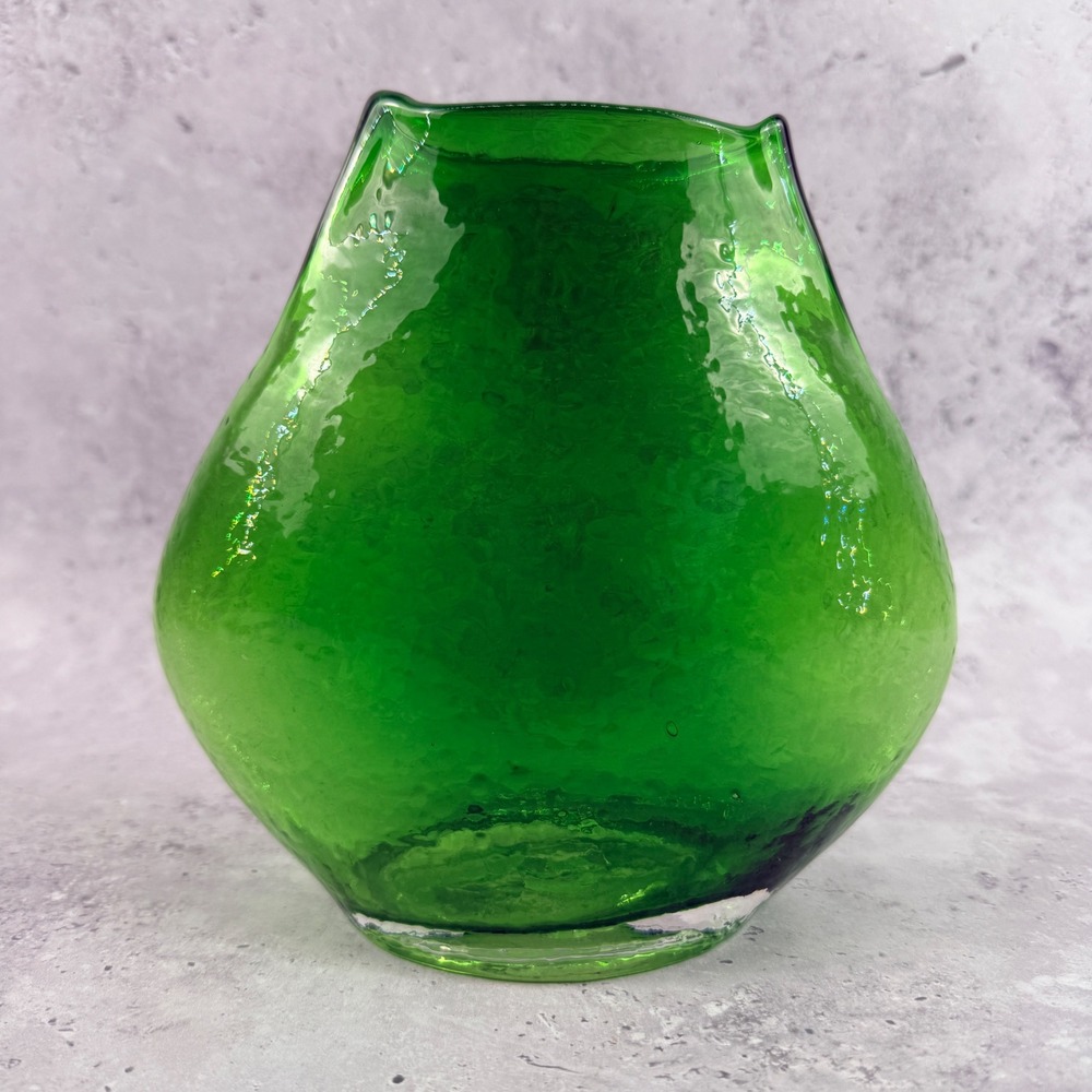 Mid Century Green Glass Pillow Vase Large Textured Hand Blown MCM - Picture 4 of 8